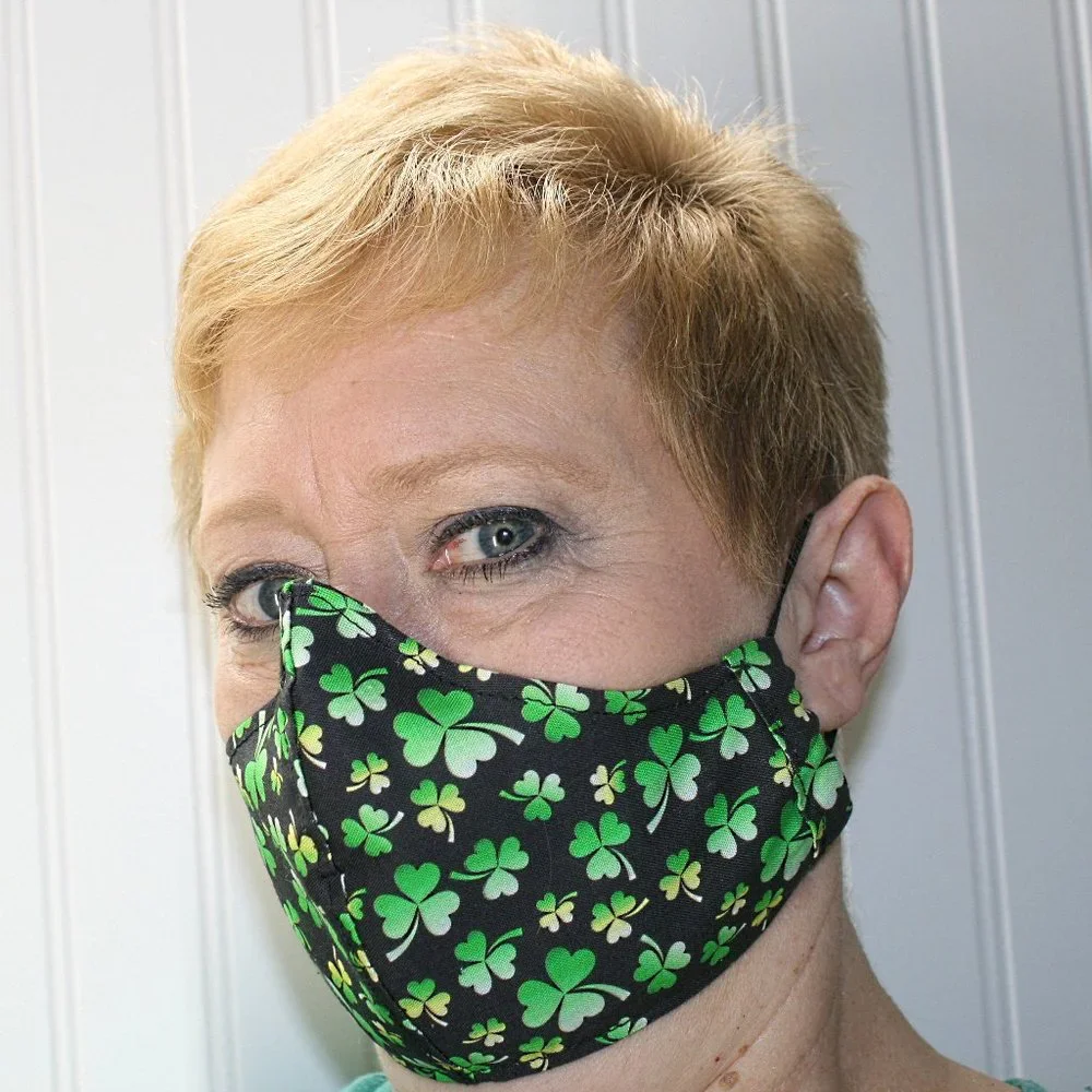 HAND CRAFTED Face Mask Black Shamrock Adult Cloth Fabric Print - Shield Style